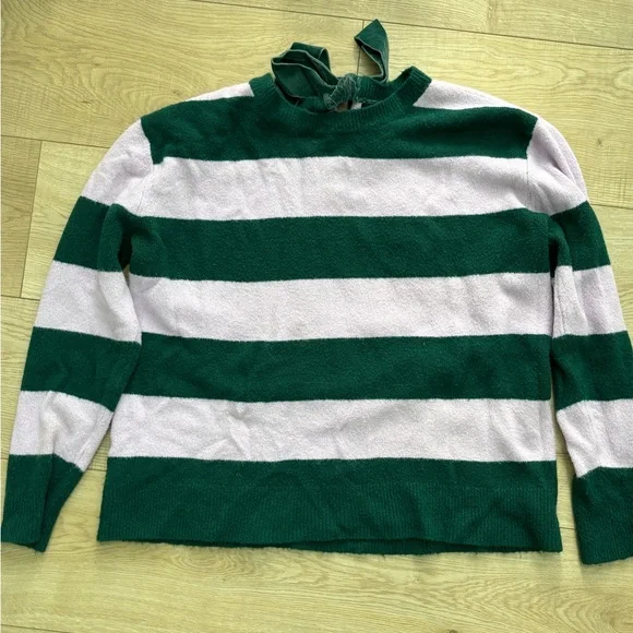 Green and Lavender Preppy Striped Sweater with Velvet Bow - Picture 7 of 9